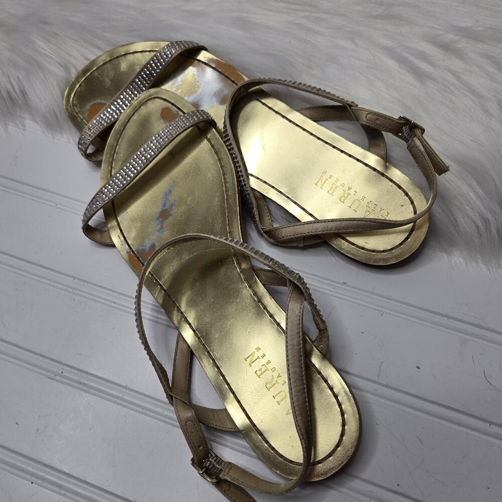 Ralph Lauren Ali Women's 9.5B Strap Sandals Champagne Buckle Rhinestones BLING